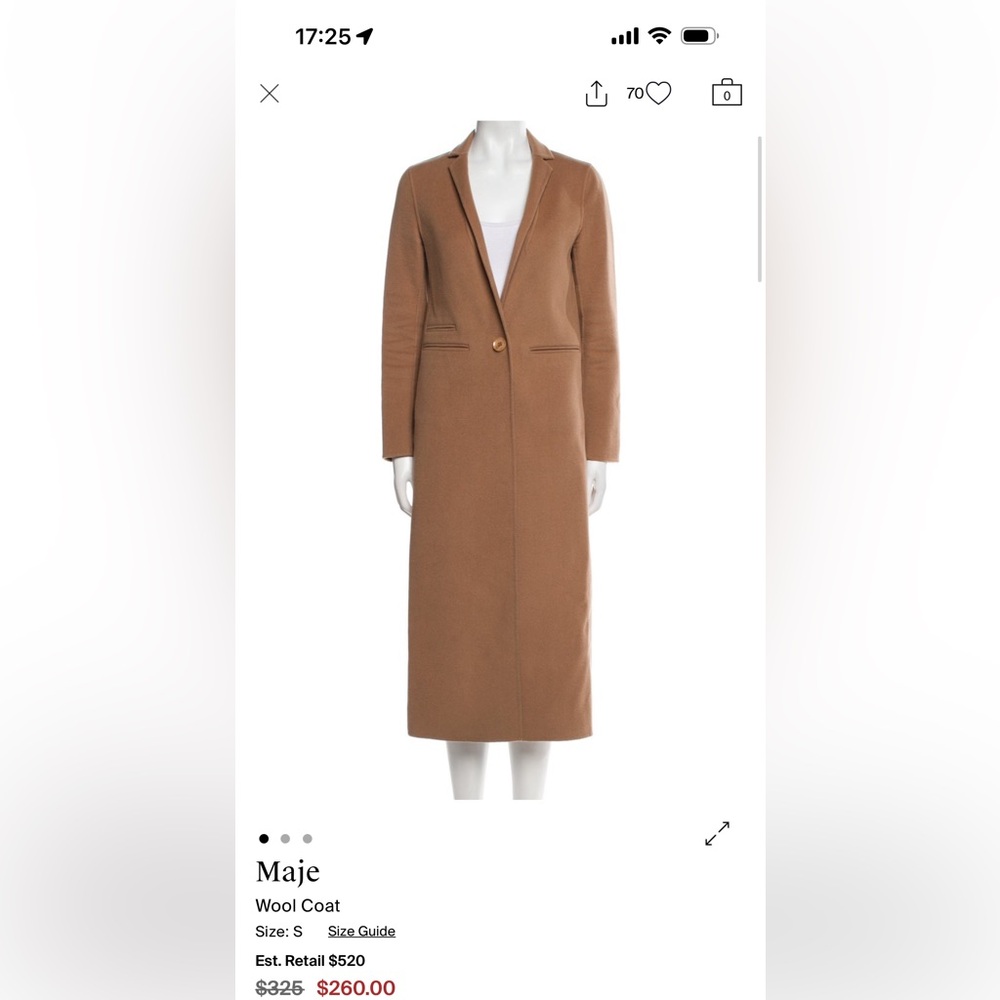 Maje Tan Wool Coat for Women new